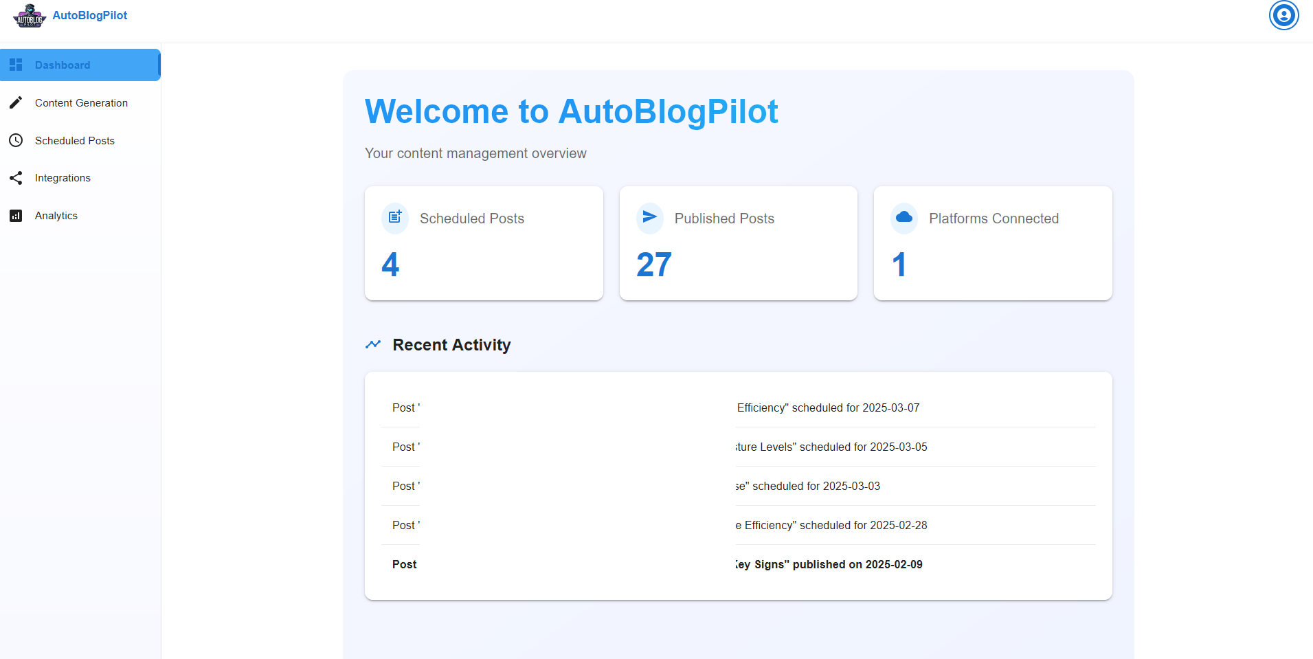 AutoBlogPilot platform interface showing content automation